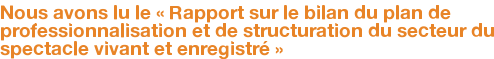 Nous avons lu le « Rapport sur le bilan du plan de professionnalisation et de structuration du secteur du spectacle vivant et enregistré »