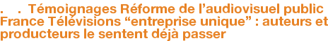. . Témoignages Réforme de l'audiovisuel public France Télévisions “entreprise unique” : auteurs et producteurs le sentent déjà passer